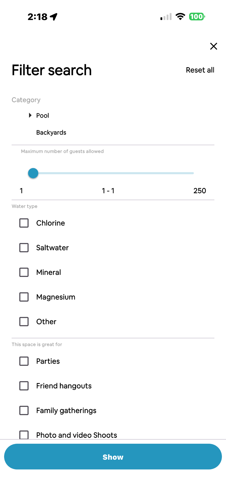 Pool Rental Near Me app filter screen with water type, guest capacity, and event type options