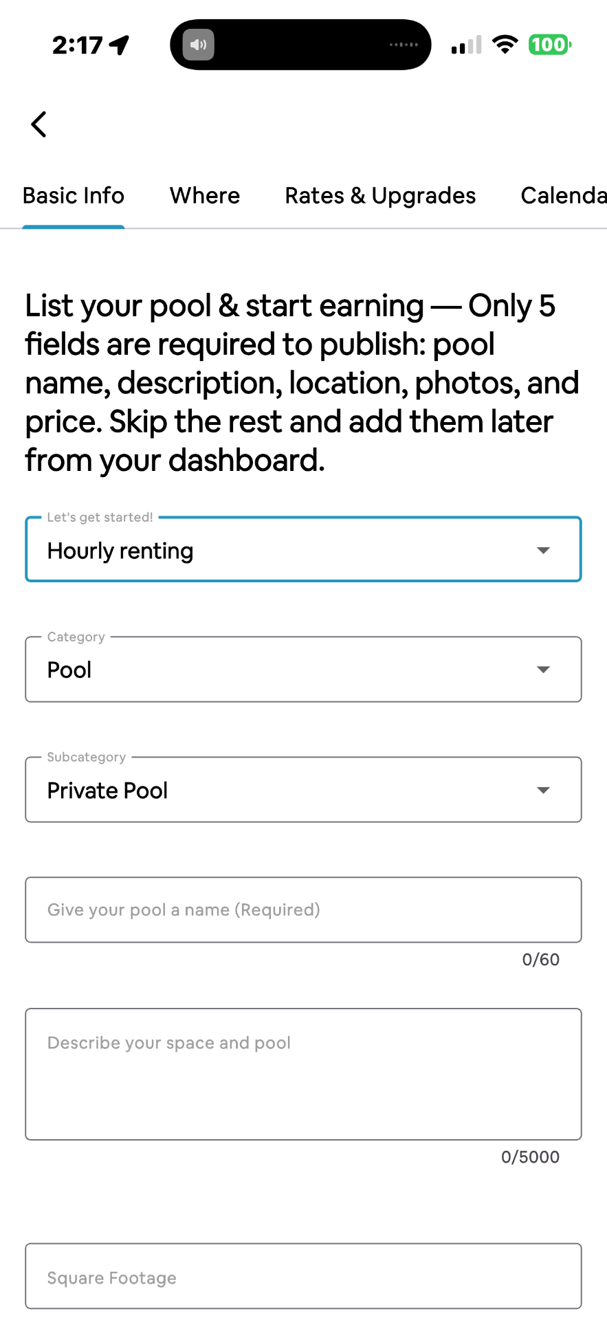 Basic Info tab of the host listing flow with Hourly renting, Pool category, and Private Pool subcategory selected