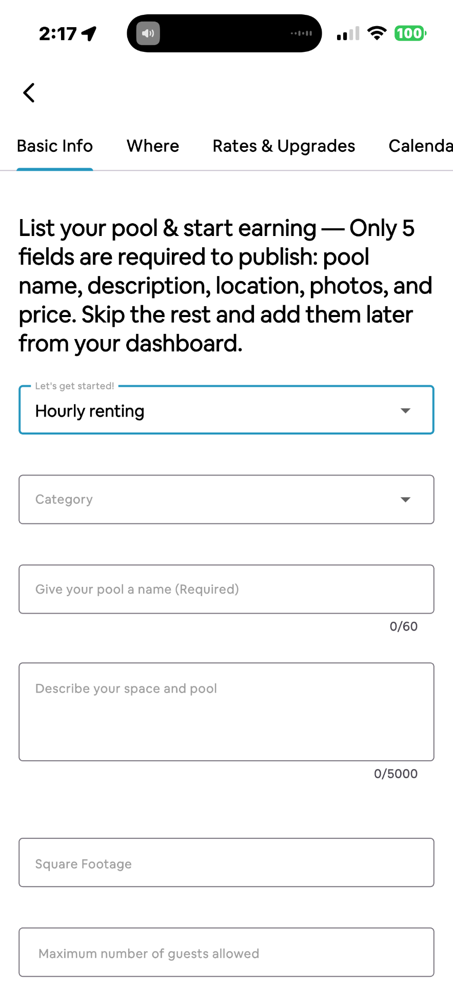 Listing creation form showing category, pool name, description, square footage, and max guest fields