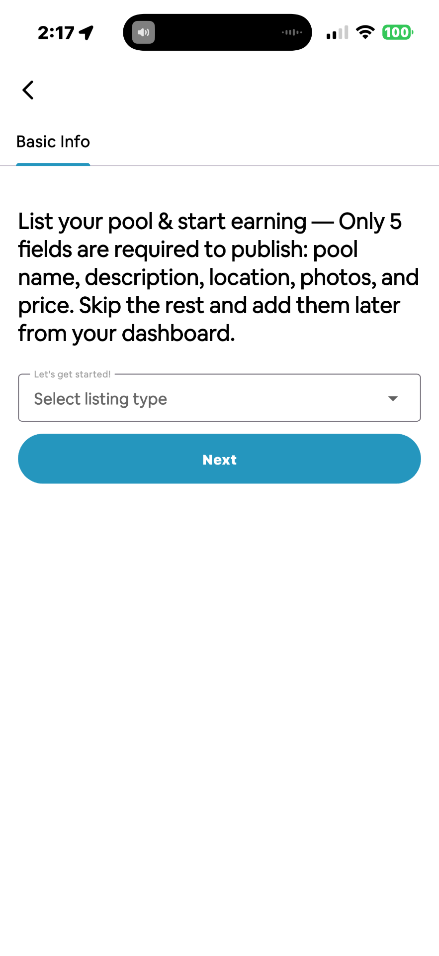 Select listing type screen when creating a new pool listing in the Pool Rental Near Me app