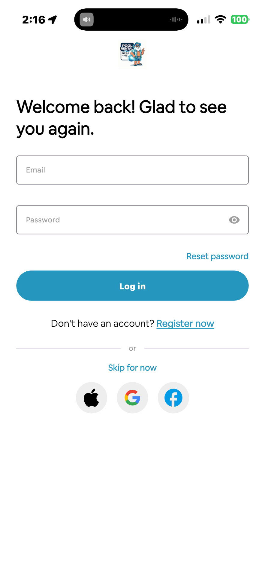 Pool Rental Near Me app login screen with email, password, Apple, Google, and Facebook sign-in options