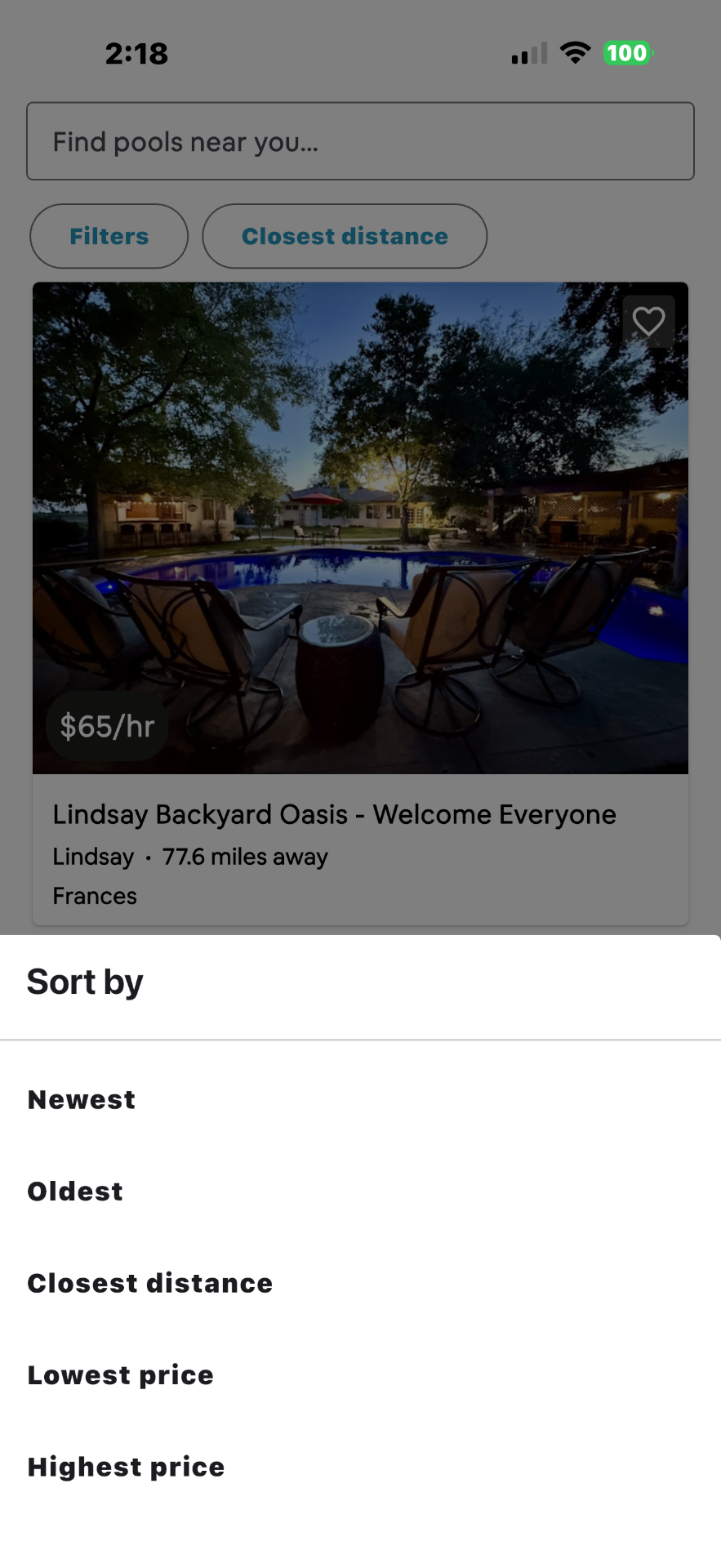 Sort search results by newest, oldest, closest distance, or price in the Pool Rental Near Me app