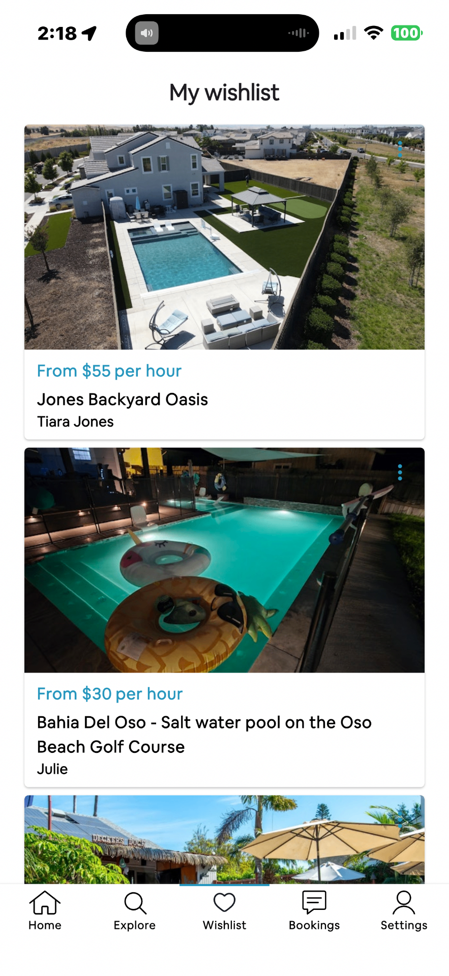 Saved pools wishlist with hourly rates in the Pool Rental Near Me app