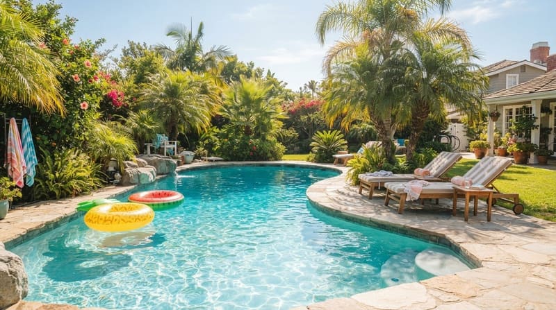 Friends laughing poolside